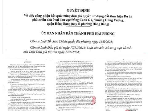 Hải Phòng công nhận kết quả trúng đấu giá đất tại khu Đồng Cánh Gà - Yêu cầu Công ty Cổ phần An Khang Land thực hiện nghiêm quy định pháp luật tại dự án